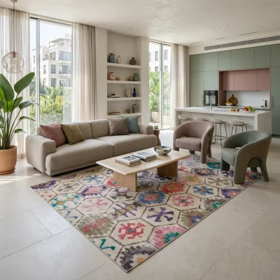 שטיח וינטג' טולדו 2257-02 SALE, Curated Artisanal Modern, Soft Mediterranean afternoon daylight, lifestyle props.