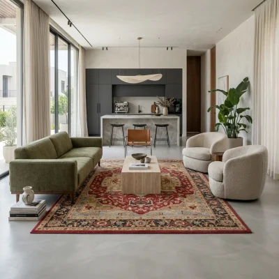 שטיח וינטג' קשמיר 267, Contemporary Israeli open-plan living room with integrated kitchen, High-End Eclectic Israeli Moder...