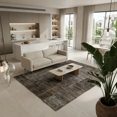 טלאים אפור עבודת יד, Curated Artisanal Modern, Soft Mediterranean afternoon daylight, lifestyle props.