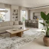 שטיח מודרני EVITA גולד 5775, Curated Artisanal Modern, Soft Mediterranean afternoon daylight, lifestyle props.