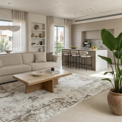 שטיח מודרני EVITA גולד 5775, Curated Artisanal Modern, Soft Mediterranean afternoon daylight, lifestyle props.