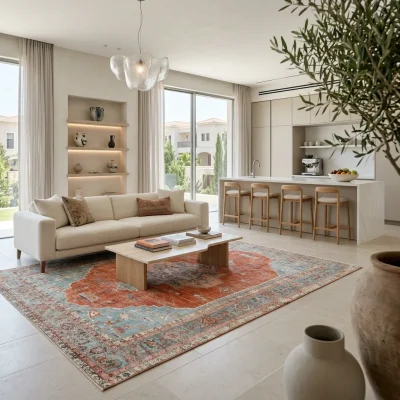 שטיח מדליון קלאסי איסטנבול 5161 XXL, Spacious open-plan contemporary Israeli living room with integrated kitchen, Soft, na...