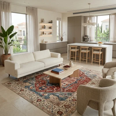 שטיח וינטג' קשמיר 19 XXL, Spacious open-plan contemporary Israeli living room with integrated kitchen, Soft, natural Medit...