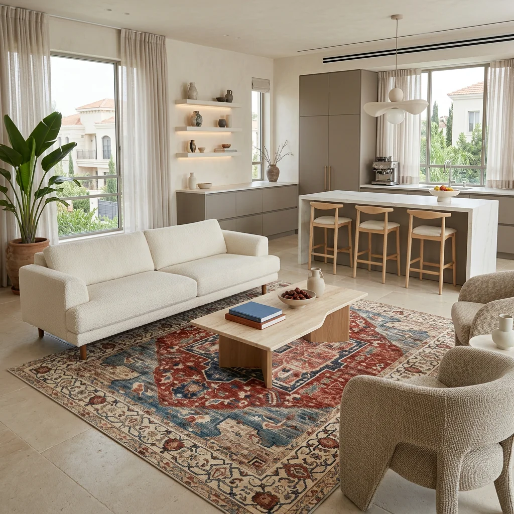שטיח וינטג' קשמיר 19 XXL, Spacious open-plan contemporary Israeli living room with integrated kitchen, Soft, natural Medit...