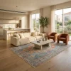 שטיח וינטג' מדליון תכלת אפרסק 3165, Open-plan living room in a contemporary Israeli home, lifestyle props, New Mediterrane...