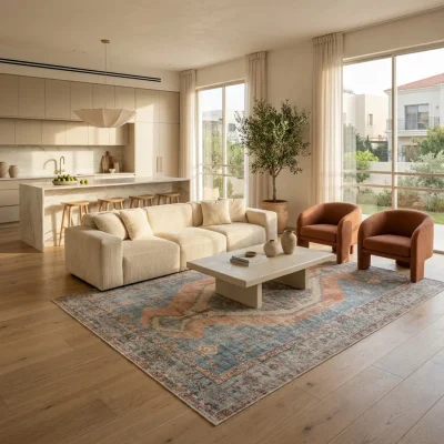שטיח וינטג' מדליון תכלת אפרסק 3165, Open-plan living room in a contemporary Israeli home, lifestyle props, New Mediterrane...