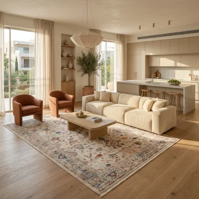 שטיח דגם נמסיס קלאסי קרם אפור PTA 01, Open-plan living room in a contemporary Israeli home, lifestyle props, New Mediterra...