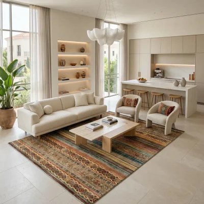 שטיח וינטג' שאל 5354 XXL, Spacious open-plan contemporary Israeli living room with integrated kitchen, Soft, natural Medit...