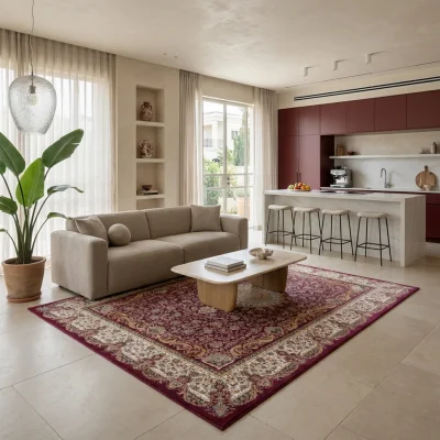 שטיח קלאסי בורדו 686, Curated Artisanal Modern, Soft Mediterranean afternoon daylight, lifestyle props.